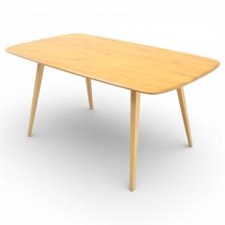 Ercol - elm dining table, rectangular plank top with rounded corners and moulded edge, raised on four tapering beech supports
