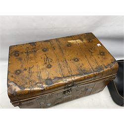 Painted metal travelling trunk and a black case