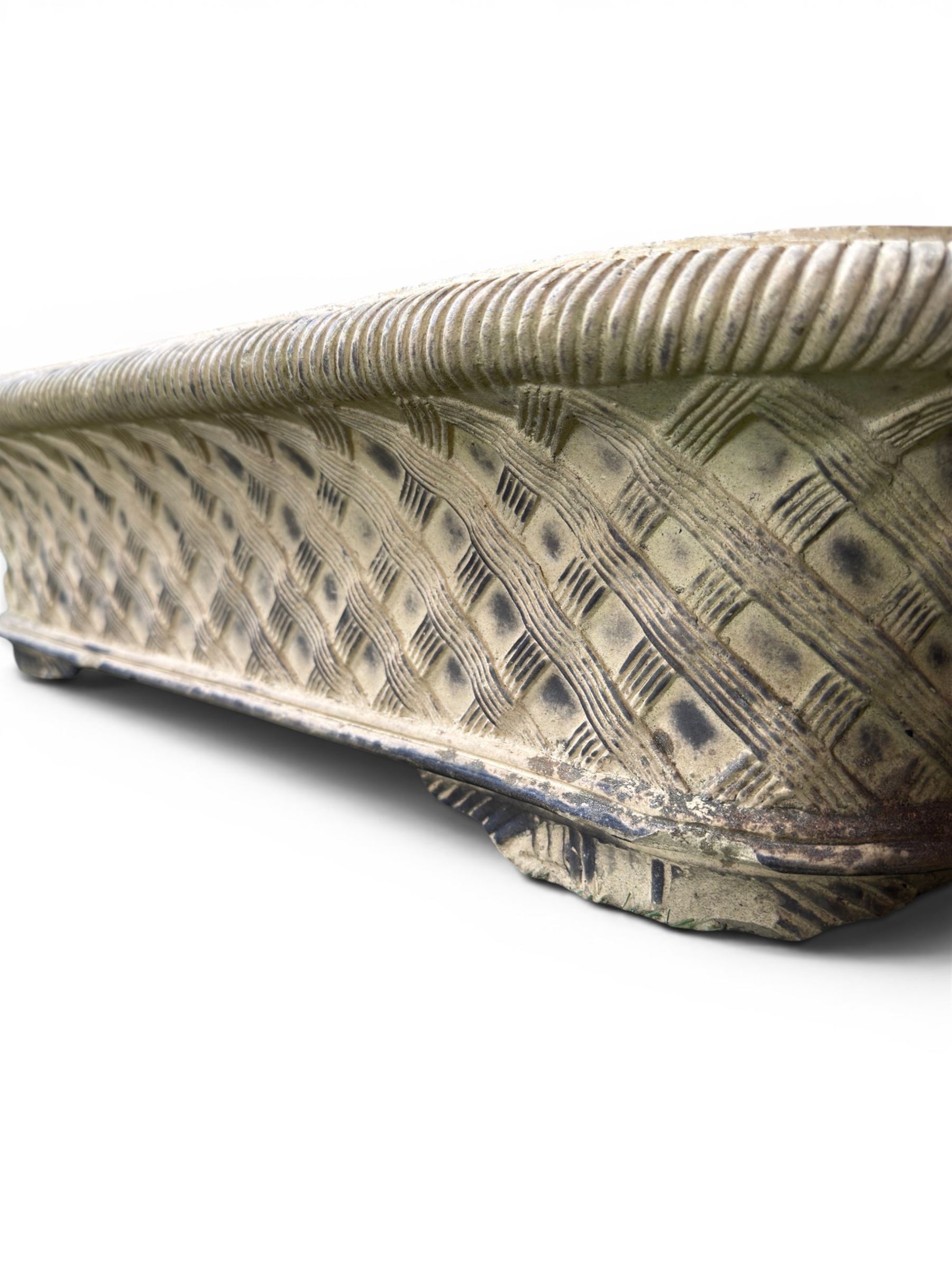 Mid-20th century terracotta oval lattice shallow planter - design after James Pulman & Son