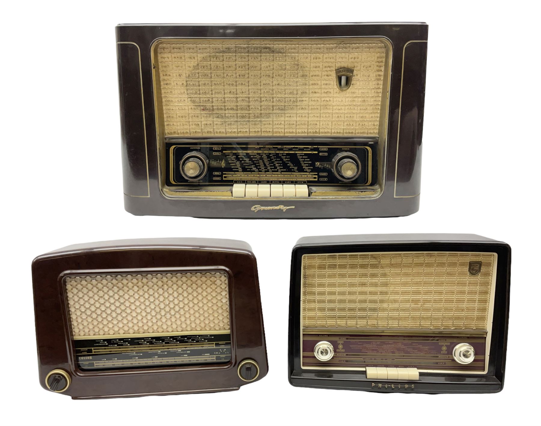 1950s Philips valve radio model B3G63A in brown Bakelite case, W42cm D21cm H30cm, together with 1950s Cossor Melody Maker model 524 radio and 1950s Grundig model 2041, tallest H35.5cm