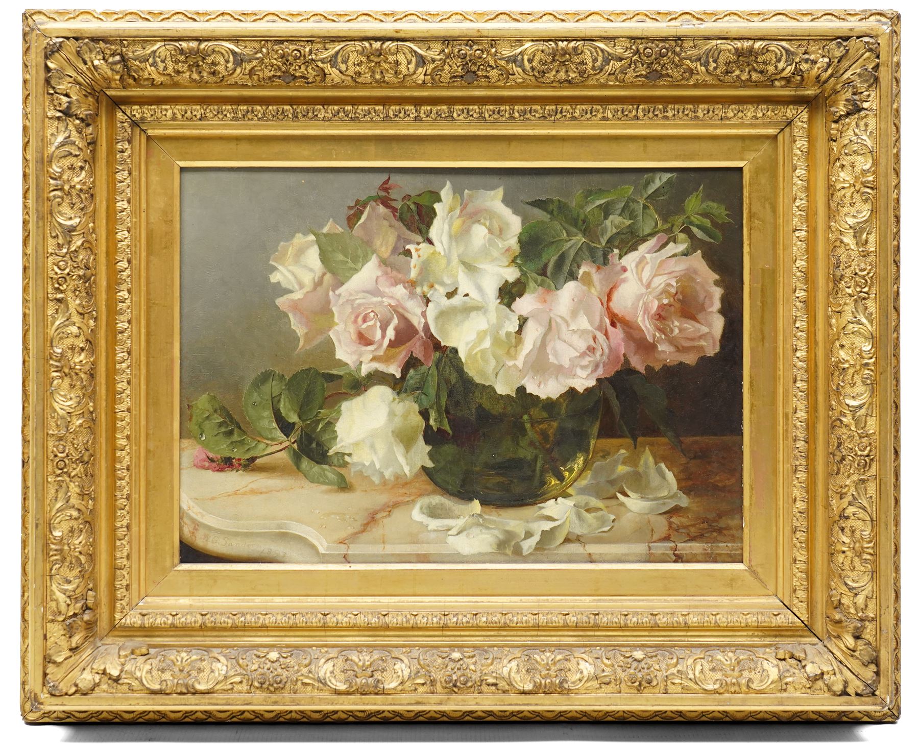 Walter George Sanders (fl. 1882-1892): Still Life of White and Pale Pink Roses, oil on wood panel signed and dated 1893, 24cm x 34cm