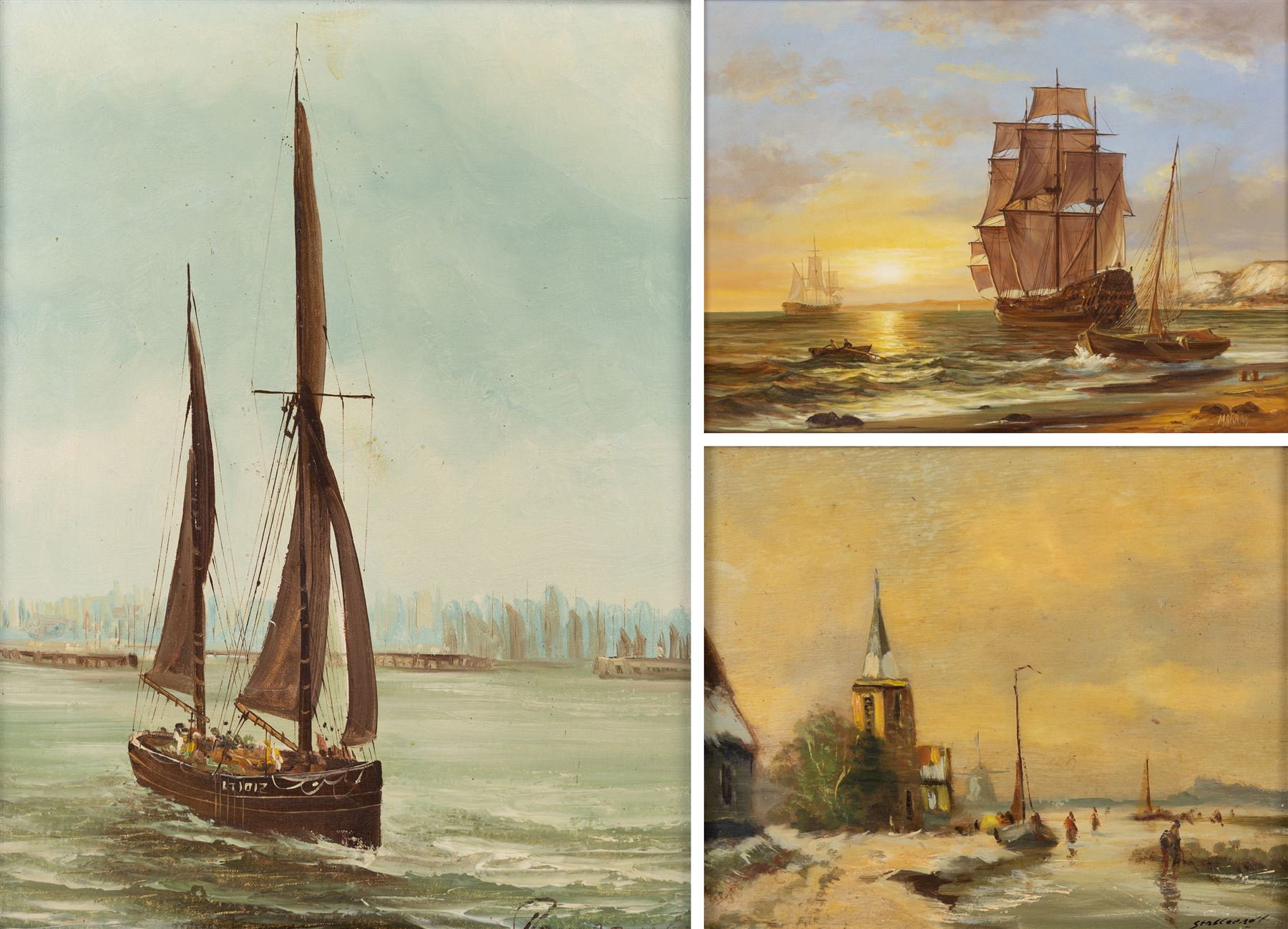 Continental School (20th Century): Shipping Scenes, two oils on panel and one on canvas variously signed in gilt frames, largest 29cm x 38cm (3)