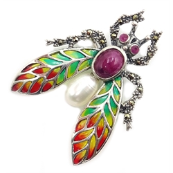  Silver plique-a-jour ruby, marcasite and pearl bug pendant/brooch  