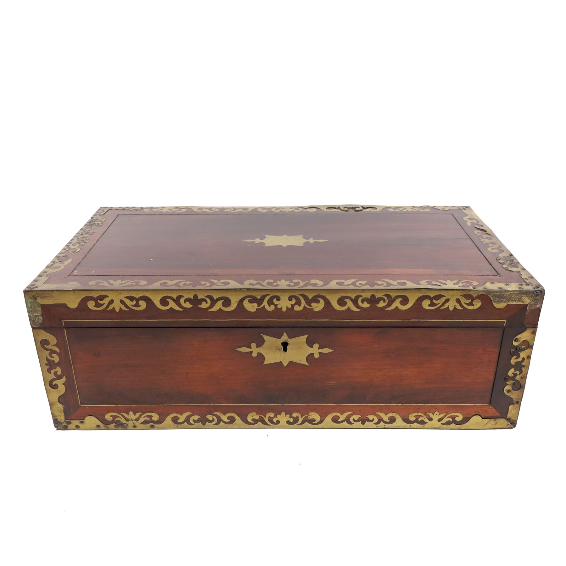Rosewood writing slope, with brass inlaid decoration, the lid opening to reveal a purple writing slope, H17cm, L51cm