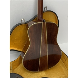 Rare Yamaha FG-1200J acoustic guitar, spruce top, solid Jacaranda back and sides, ebony fret board, mother-of-pearl bound top, three-piece back with abalone trim, in carrying case
