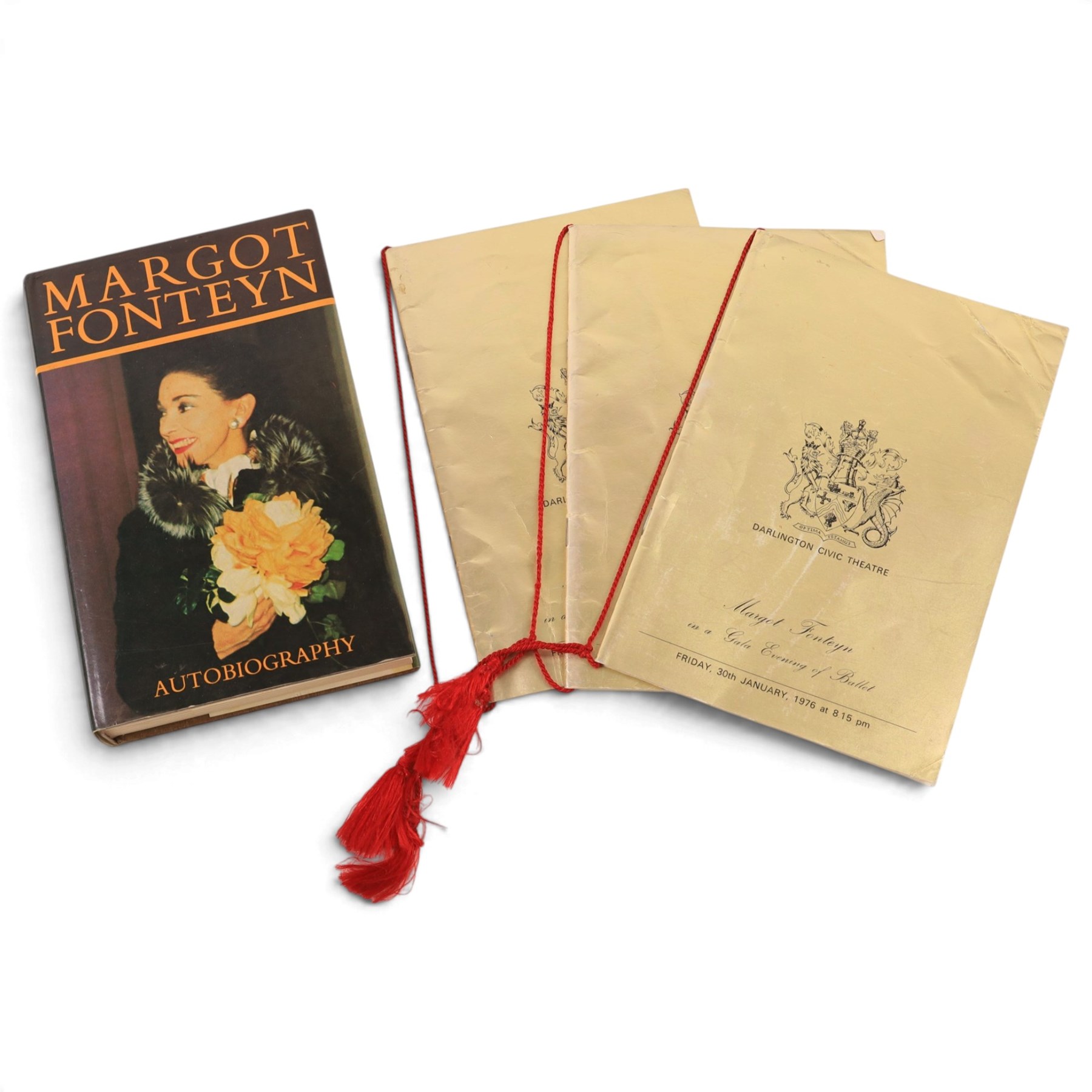 Signed copy of ballerina Dame Margot Fonteyn's autobiography, together with three Darlington Civil Theatre programmes for the event 'Margot Fonteyn in a Gala Evening of Ballet' 