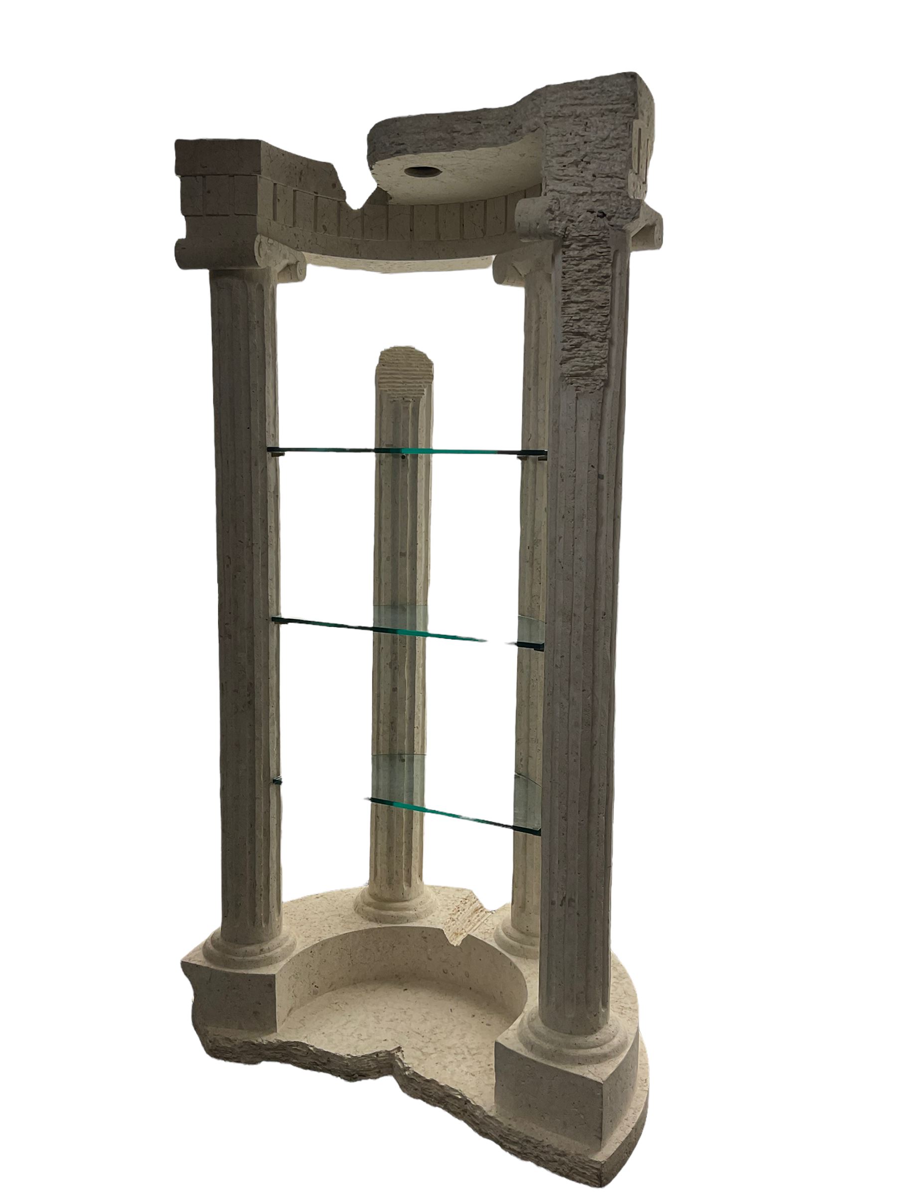 Cast architectural stone effect column display stand, fitted with three glass shelves 