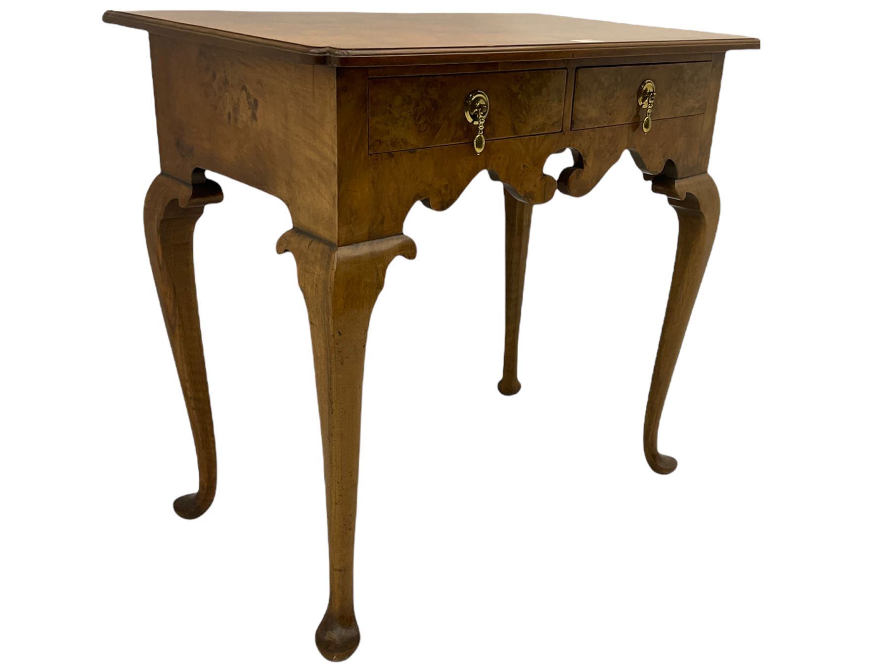 Queen Anne style figured walnut lowboy, moulded rectangular top with band,  over shaped apron fitted with two drawers, on cabriole supports