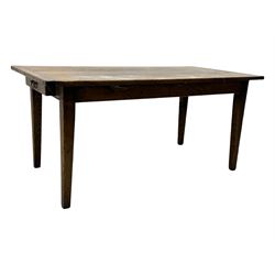 Late 20th century oak farmhouse table, rectangular plank top with breadboard ends and frieze drawer, on square tapered supports
