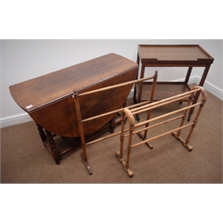  19th century ash and elm Windsor armchair, shaped pierced splat back, crinoline stretcher, turned supports, an oak drop leaf table with barely twist supports, tea trolley and two towel rails  