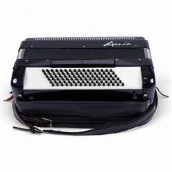 Bai-Le-20th century Chinese Piano Accordion, three octave keyboard with 96 treble buttons and 7 base keys, 16-fold bellows with shoulder straps and hard carrying case.
