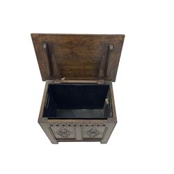 Tudor style oak coal type box with hinged top, with tin liner; and a coopered bucket (2)