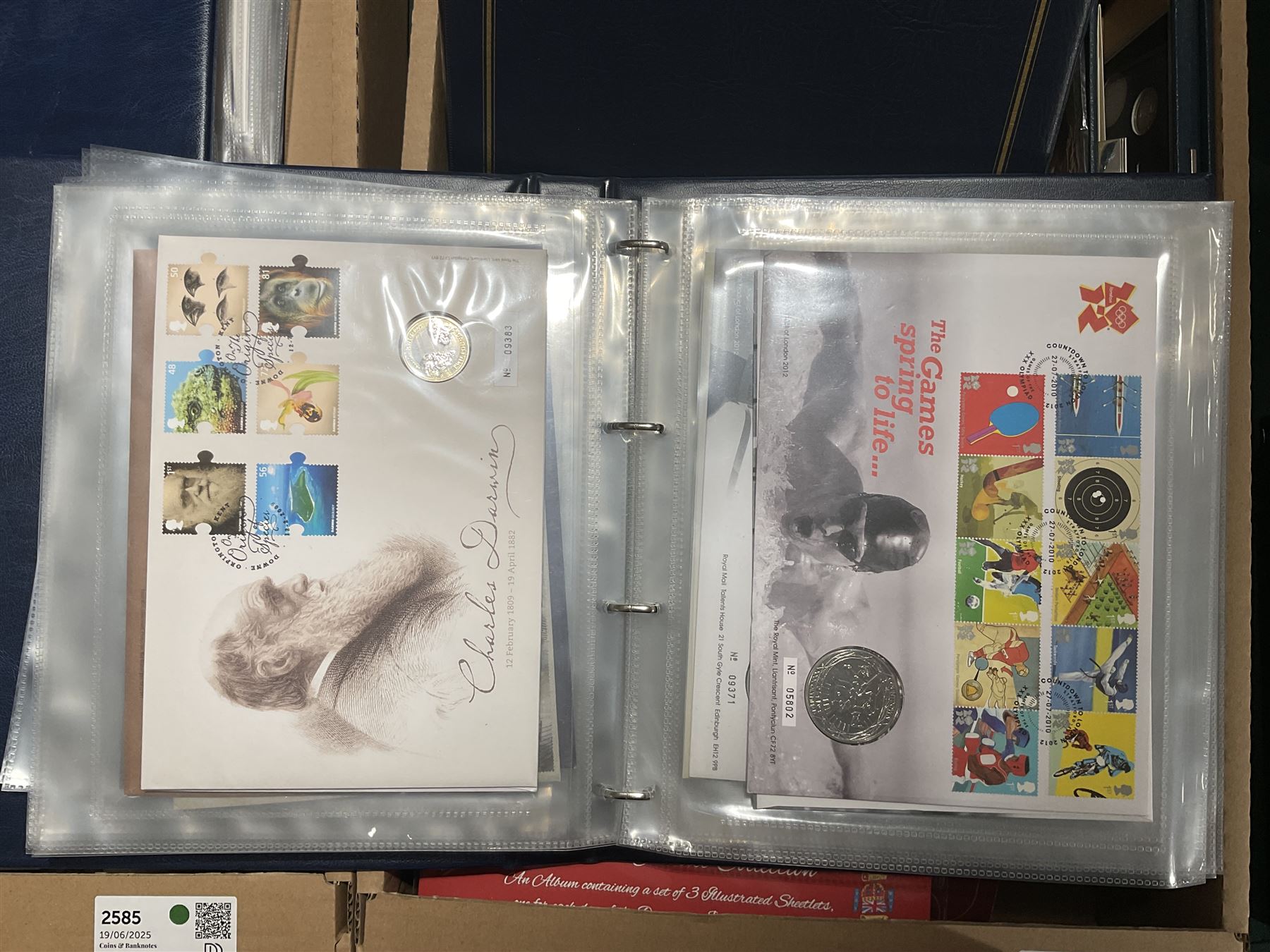 Approximately one hundred and fifteen Royal Mint coin covers, in two ring binder folders and loose, together with approximately 53 grams of Great British pre-1920 and approximately 68 grams of Great British pre-1947 silver threepence coins, and a small quantity of further pre-decimal coins