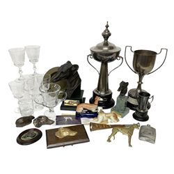 Quantity of late 20th century coursing memorabilia and ephemera, predominantly awarded to Mrs Winnie Morton, to include silver-plated trophies including the Caledonian Cup Swaffham 1981, for Dindi's Jem, and supporting newspaper clipping and photographs, Ryedale Coursing Club glasses, greyhound bronzed and brass figures, Staffordshire style pen holder, etc
