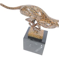 Bronze two toned figure of running cheetah, upon a rectangular marble base, signed and with foundry mark, H20cm 