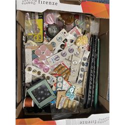 Quantity of sewing accessories to include buttons, cotton reels, Empisal Knitmaster wool winder, scissors, pins, sewing needles and other sewing aids in three boxes