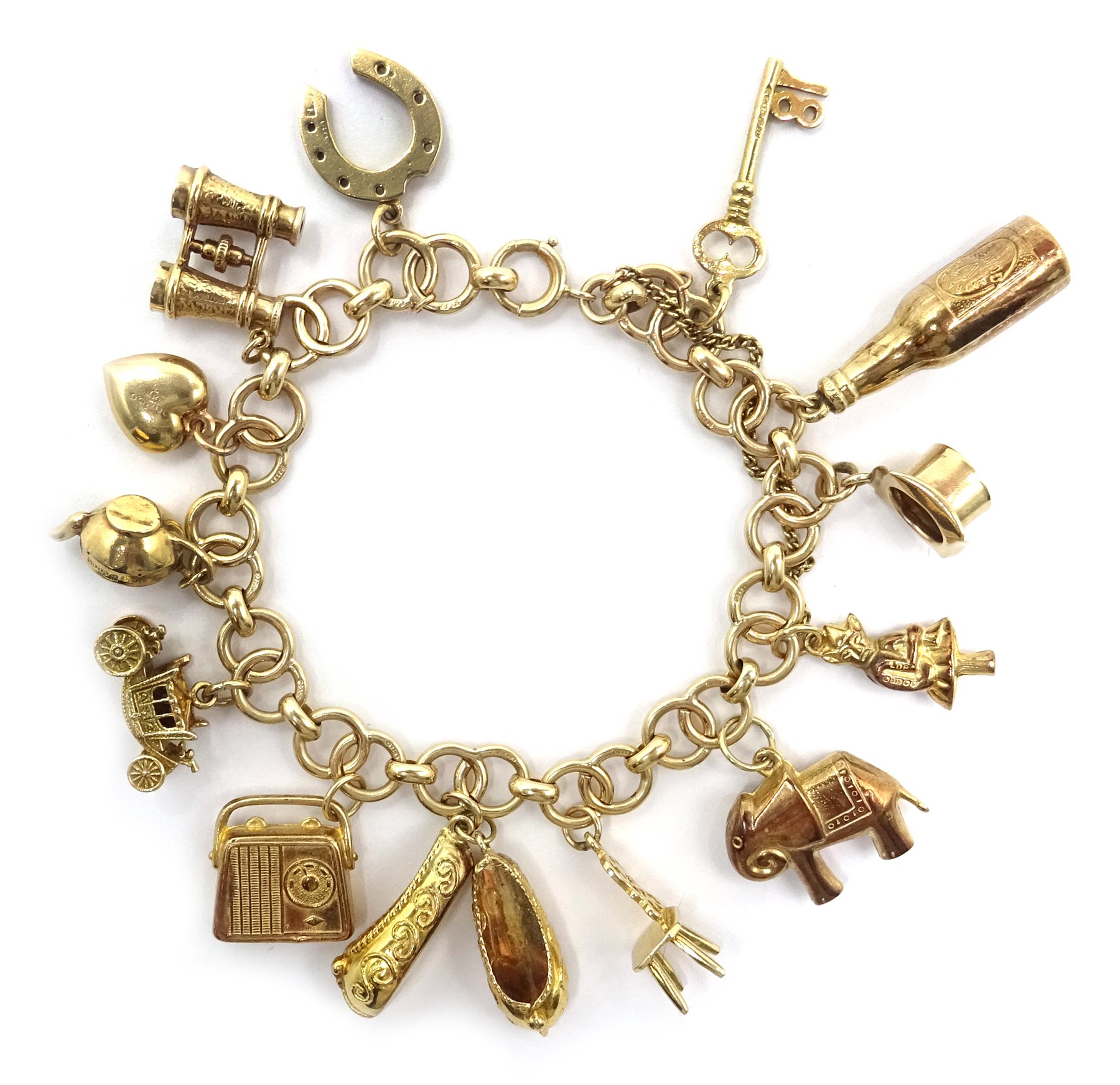 9ct gold bracelet stamped 9.375, with thirteen 9ct gold charms all