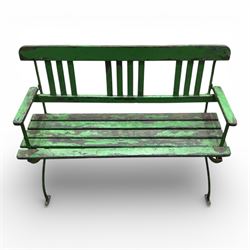 Early 19th century child's garden bench, the wrought iron frame with X frame legs and wooden slatted seat, painted in green, H63cm L90cm D35cm