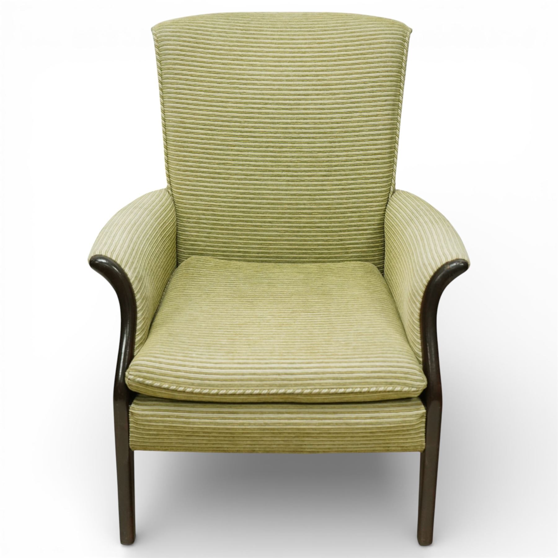 Parker Knoll - ‘Froxfield’ armchair, with upholstered back and seat in striped green fabric, on dark stained bentwood arms and front supports