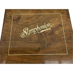 Late 19th century Symphonion disc musical box in inlaid walnut case with front lever action playing 25.5cm discs on a 10.5cm steel comb with forty-nine teeth, musical scene of cherubs under the lid, L33cm; together with five 25.5cm discs, fifteen 20.5cm discs and eleven 19cm discs
