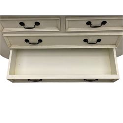 French design bombe shaped chest, moulded rectangular top over two short and three long drawers, on scrolled feet, in cream paint finish 