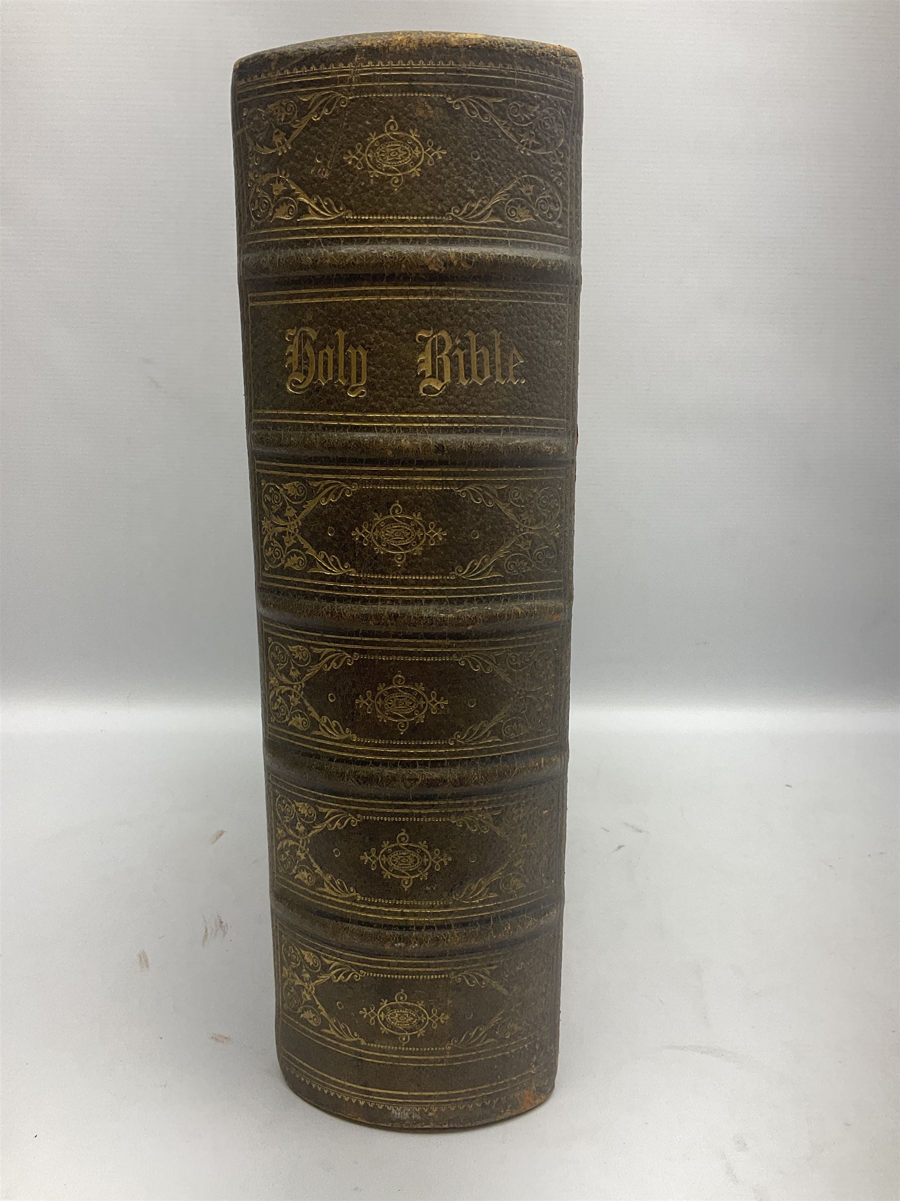 19th century The Illustrated Family Bible with Explanatory Critical & Devotional Commentary, published by  A Fullarton & Co, leather-bound with gilt decoration to cover, with the family register filled in for the Duggleby & Dunn family of Beverley