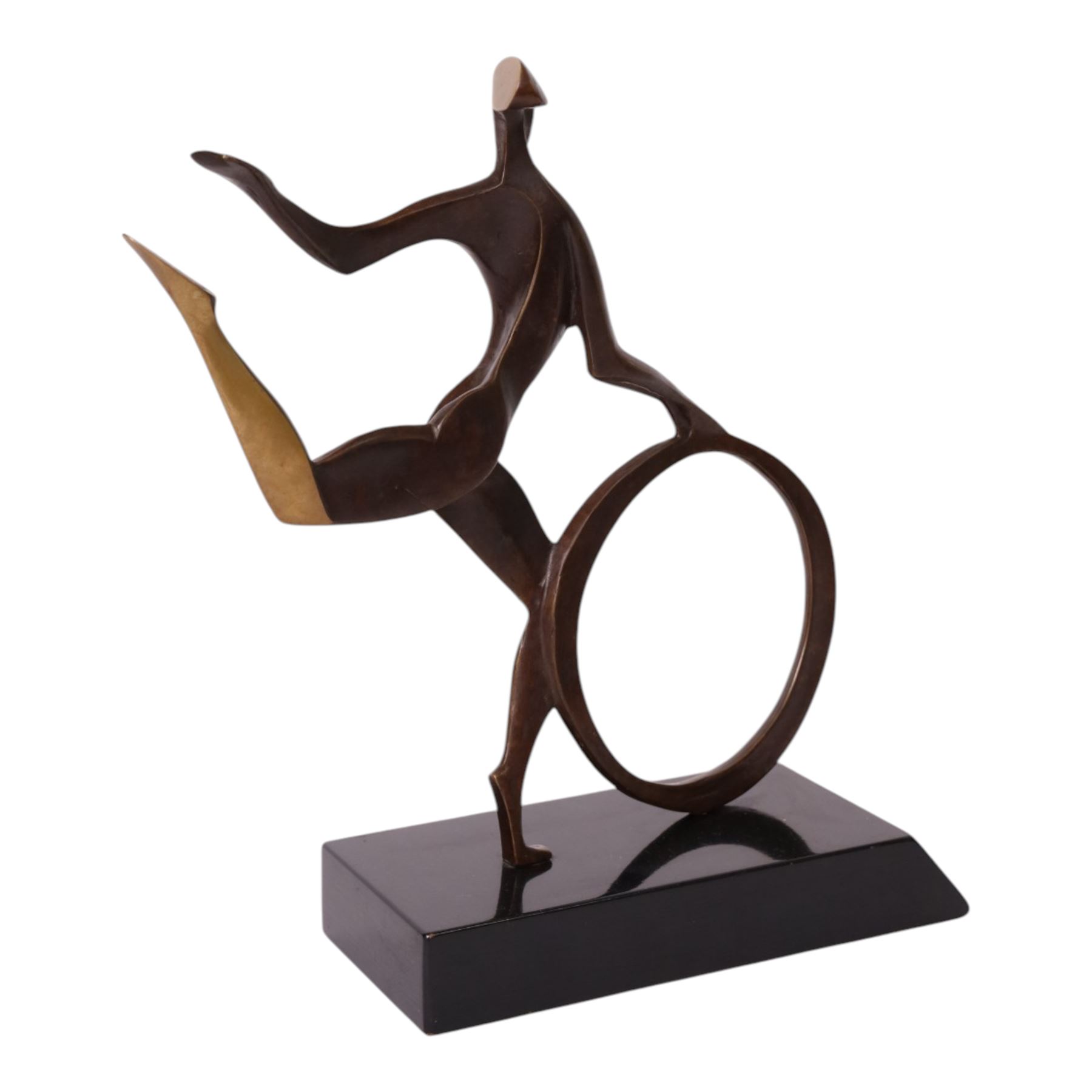 John Huggins FRBS (British 1938): 'Girl with Hoop', bronze sculpture upon black lacquered wooden base, H34cm