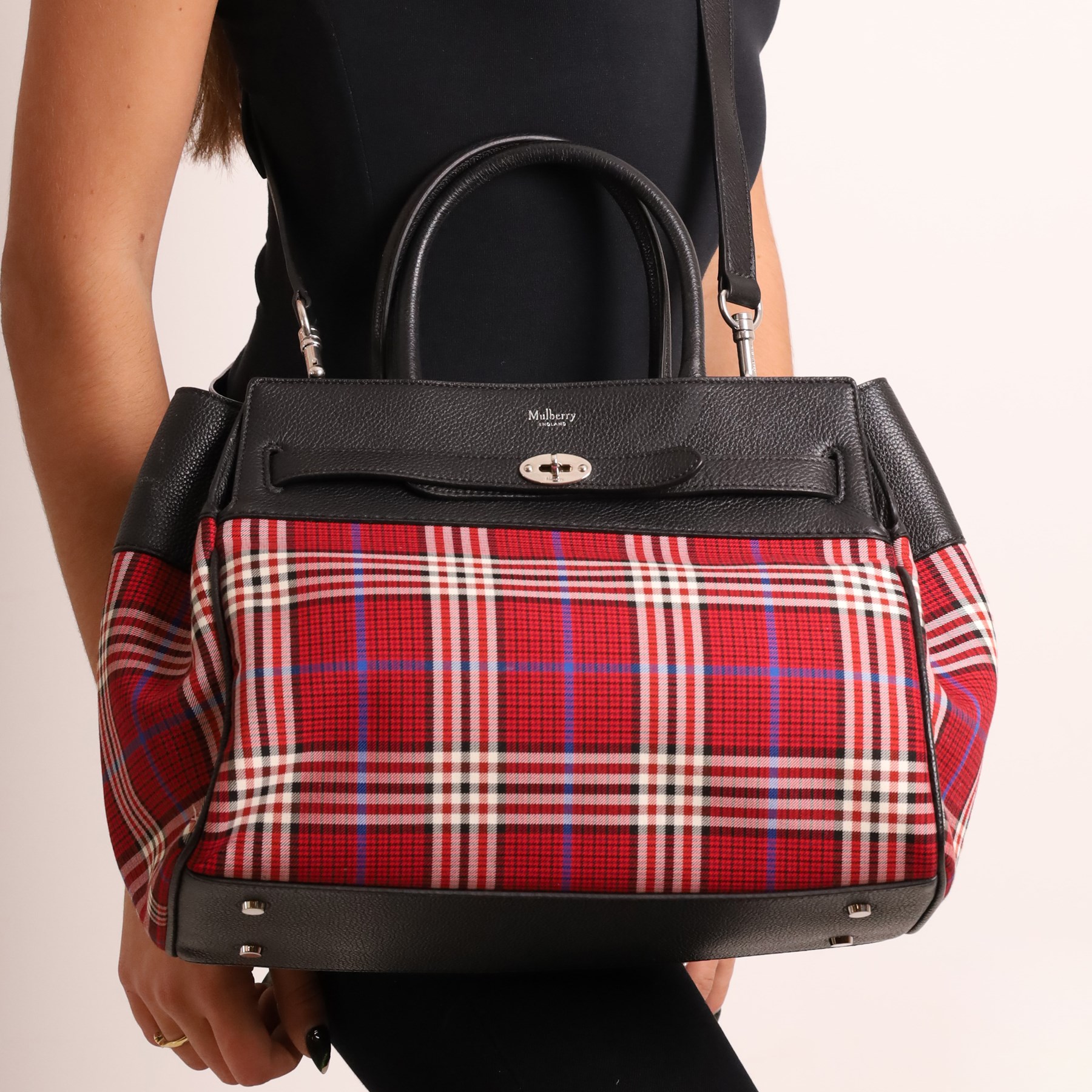 Mulberry - Belted Bayswater Tartan Check handbag in Scarlet tartan check fabric with black grained leather trim, the structured body with twin rolled leather top handles, detachable shoulder strap, silver-tone Postman’s Lock fastening and belted front detail, with original Mulberry product tag, care booklet and dust bag