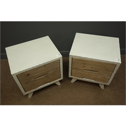  Pair rustic waxed paint finish and reclaimed pine two drawer bedside chests, W50cm, H56cm, D40cm    