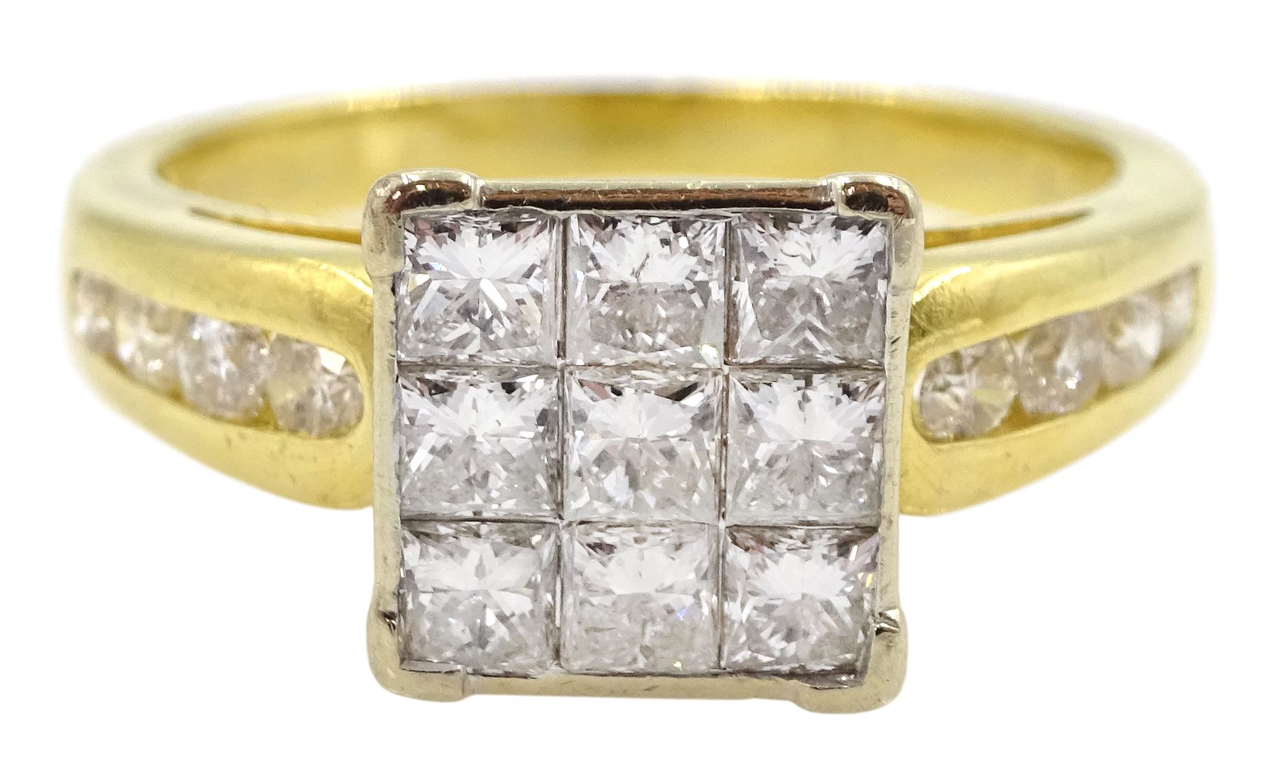 18ct princess cut diamond cluster ring, with round brilliant cut diamond shoulders, stamped 18KT, total diamond weight 1.00 carat