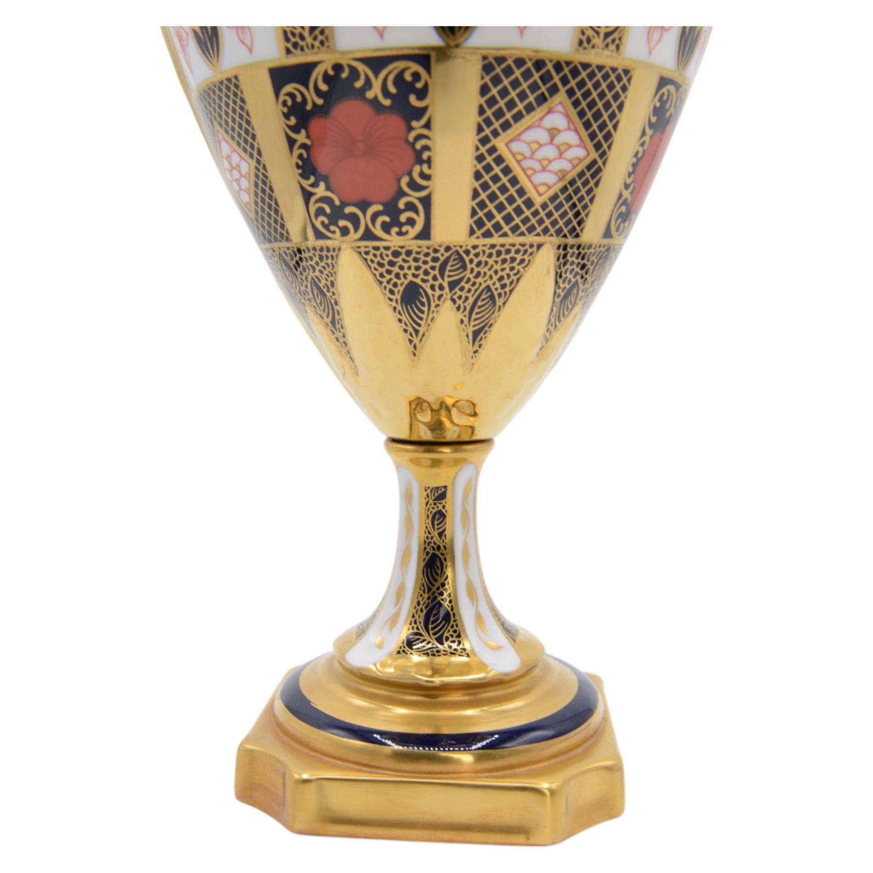 Royal Crown Derby Imari 1128 pattern twin handled urn, with printed mark beneath, second quality, H44cm