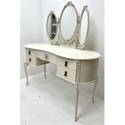 French cream painted kidney shaped dressing table, raised three piece mirror back, five drawers, cabriole legs