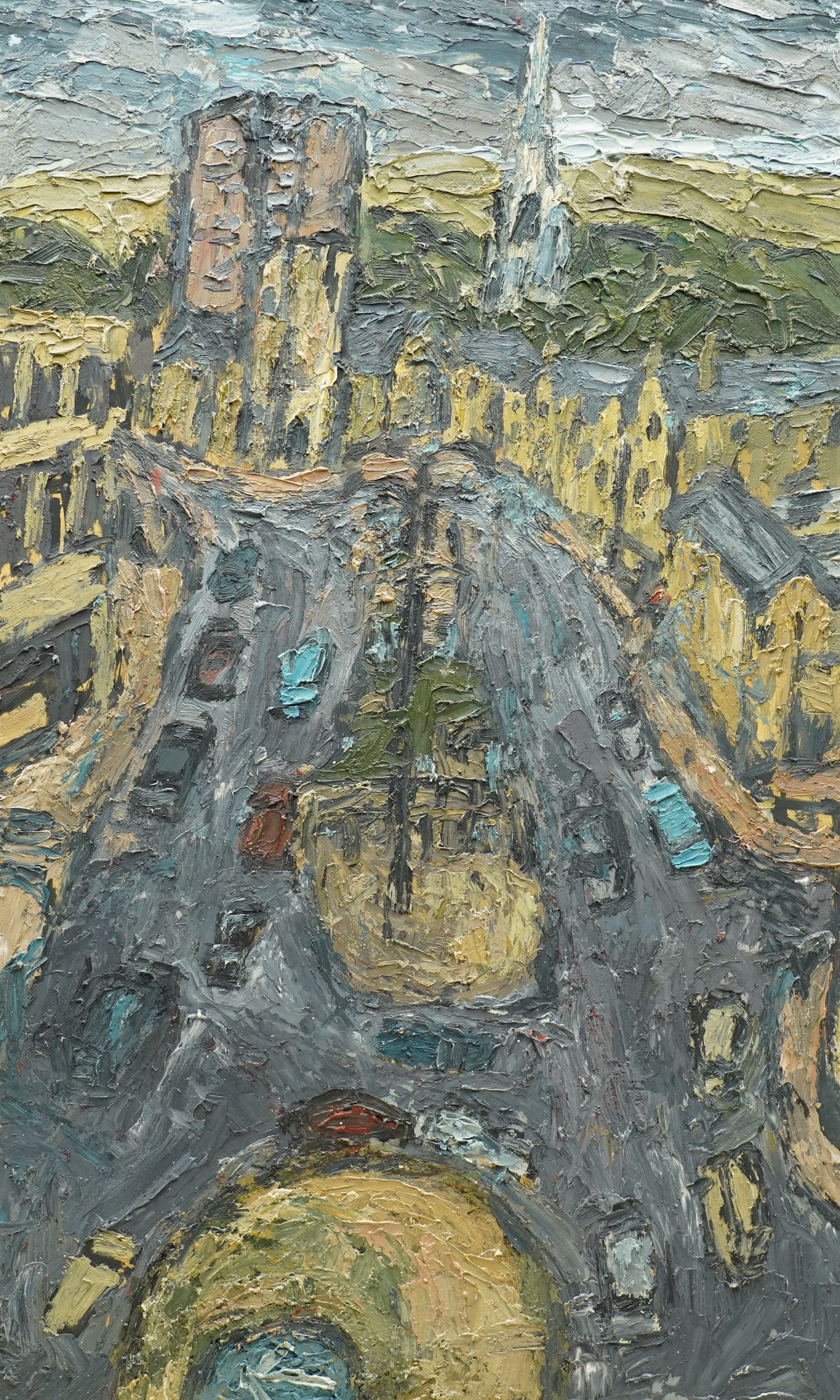 Barry De More (Yorkshire 1948-2023): 'Ebeneezer Along Bull Green', oil and impasto on board signed titled and dated 2013 verso 73cm x 48cm