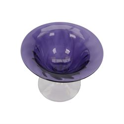 Gillies Jones of Rosedale oversized wine glass, decorated with white abstract decoration, together with a smaller Gillies Jones of Rosedale trumpet shaped wine glass with applied coloured glass ribbon to stem and a Deborah Fladgate purple fluted glass dish, all signed to base, tallest H24.5cm