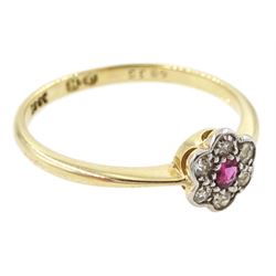 Early 20th century gold ruby and old cut diamond flower head cluster ring, stamped 18ct