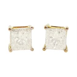 Pair of 14ct gold princess cut diamond screw back stud earrings,  total diamond weight approx 3.00 carat