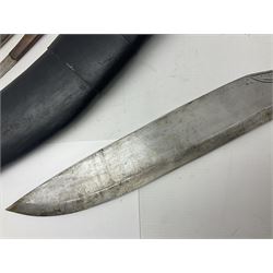 Gurkha Kukri knife with 53cm curving steel blade and wooden handle; in leather covered scabbard with belt loop and two wooden handled skinning knives overall L78cm
