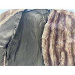 Ladies dark brown three quarter length musquash fur coat, labeled 'Hammonds Fur Salon', together with a ladies white fur coat and a brown fur shawl