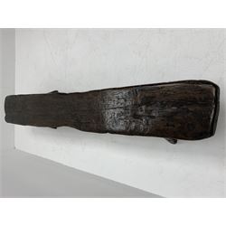 18th/19th century and later large rustic oak plank bench on hewn trestle supports