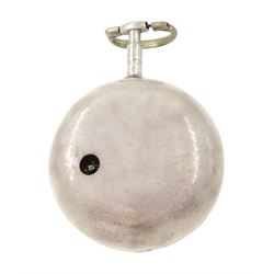 George III silver pair cased mock pendulum verge fusee pocket watch by William Crayton, London, No. 7391, the balance cock embossed with cherub decoration, white enamel dial with Arabic numerals and bull's eye glass, case by Thomas Sones, London 1761