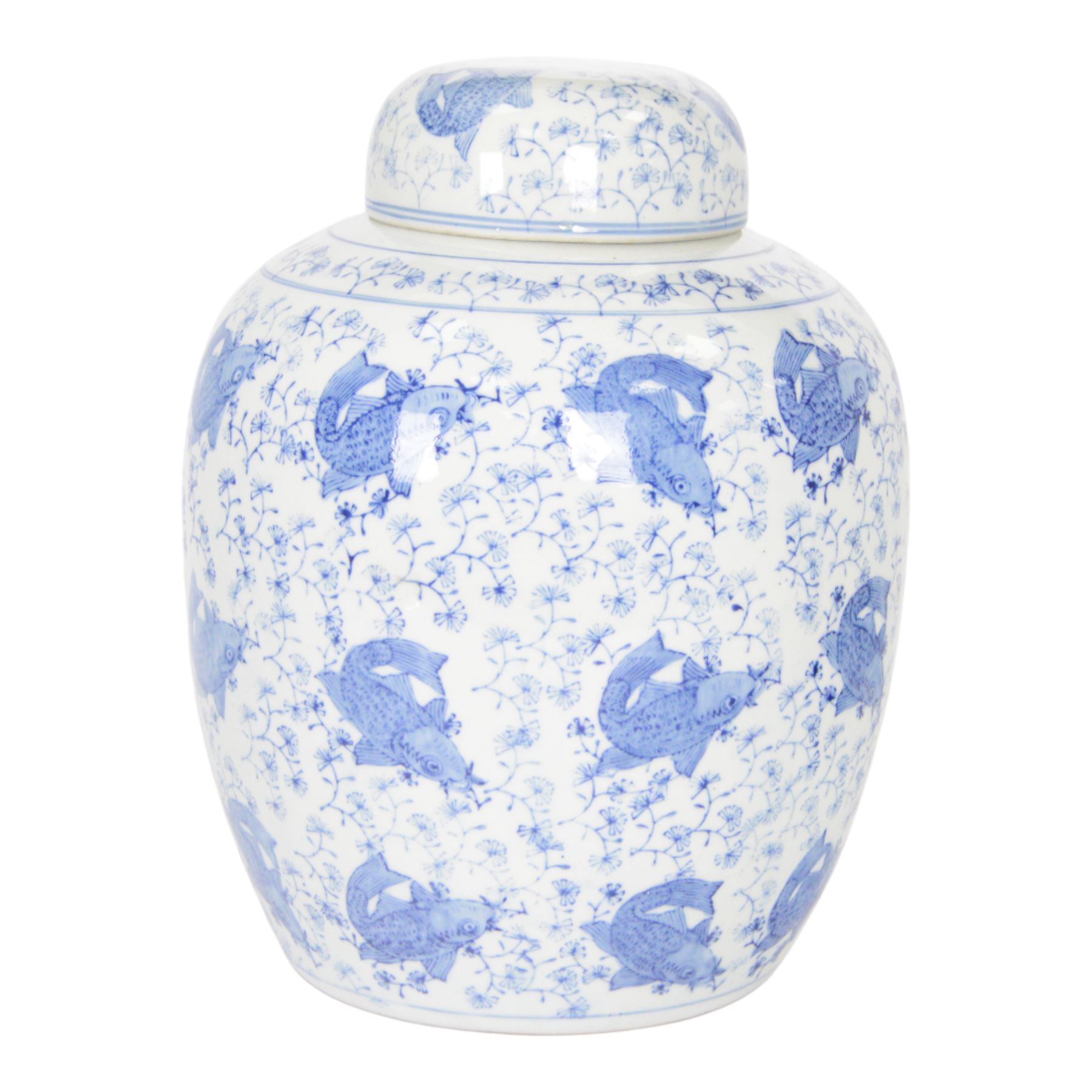 Blue and white ginger jar, decorated in a repetitive pattern of fish swimming amongst dense clusters of aquatic foliage, H40cm
