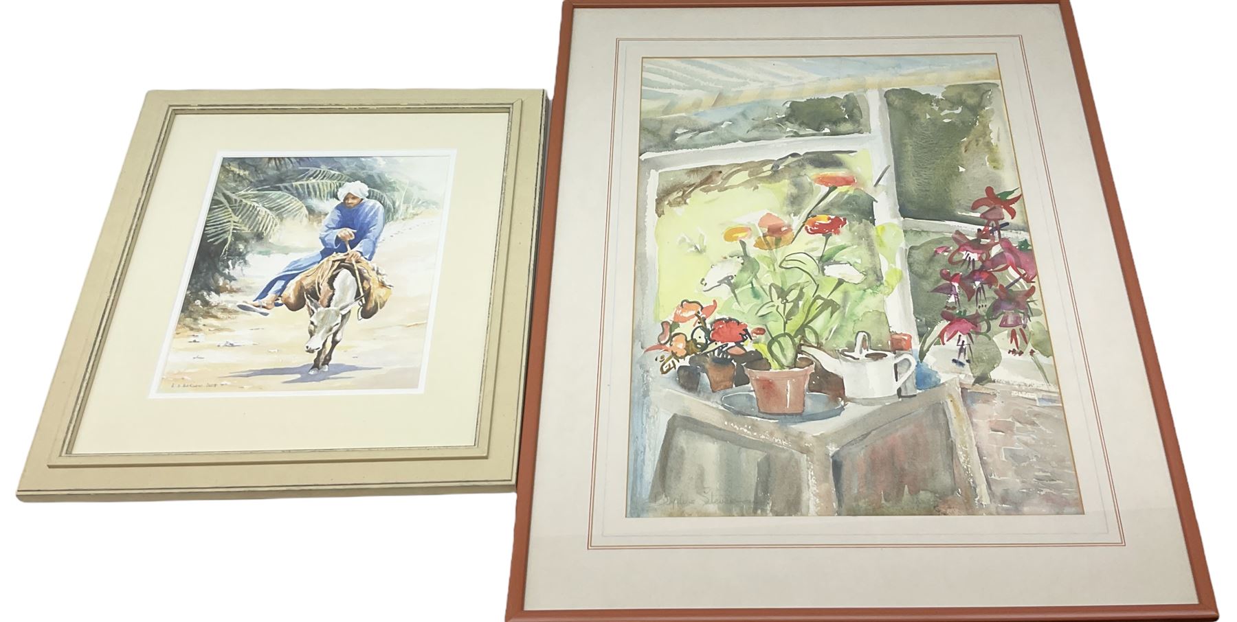 Andrew D Barlow (British contemporary): Man Riding Donkey, watercolour signed and dated 2005 together with Daphne Stevenson (British contemporary): Greenhouse Still Life, watercolour signed max 53cm x 35cm (2)