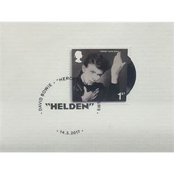 Set of four Royal Mail David Bowie limited edition album stamp prints, comprising Heroes, Ziggy Stardust Tour, Hunky Dory and Let's Dance, all framed and in original packaging, H43cm W43cm