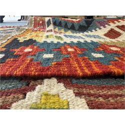 Afghan Maimana Kilim flatweave rug, dark teal ground with a multicoloured diamond lattice, framed by a wide border of stylised motifs, finished with braided corner tassels