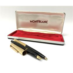 A Montblanc 227 fountain pen and 287 ballpoint pen set, circa 1970, each with black resin body, reeded gold plated cap, and white star emblem detail, the fountain pen with piston filling mechanism and nib marked 585, the ballpoint with lever action, in maker's case. 