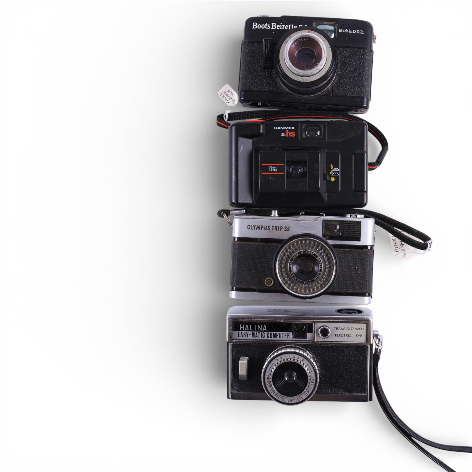 Vintage 35mm cameras, including two Olympus Trip 35, Halina Easy Matic, Hanimex 35HS, Agfa, Cosina 35E, etc