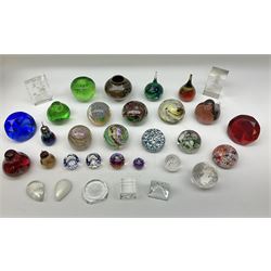 Collection of glass paperweights to include three Wedgwood examples modelled as birds, two Rosenthal faceted examples, a millefiori example, together with art glass examples to include Eirian swirled teardrop and another teardrop shaped paperweight by Caithness
