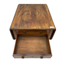 Georgian mahogany pedestal table, drop leaf top, two drawers, quatrefoil base