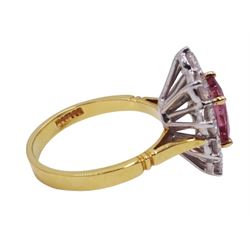 18ct gold oval pink sapphire and round brilliant cut diamond cluster ring, London import mark 1989, sapphire approx 1.70 carat, total diamond weight approx 1.50 carat