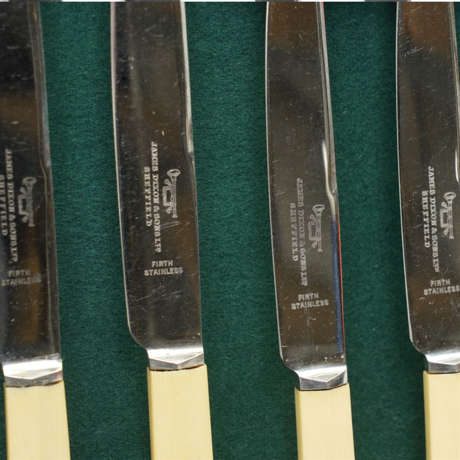 James Dixon and Sons canteen of plated table cutlery for eight covers, including bone handle knives etc, in oak cutlery box with green baize lining, comprising twenty-four knives and twenty-four forks, two ladles, twenty-eight spoons of various sizes; and a plated punch bowl 